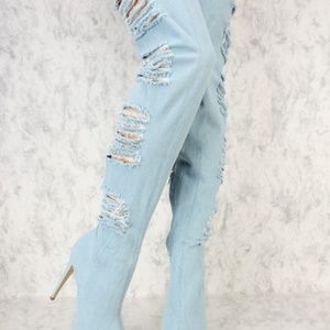 Denim thigh high boots
